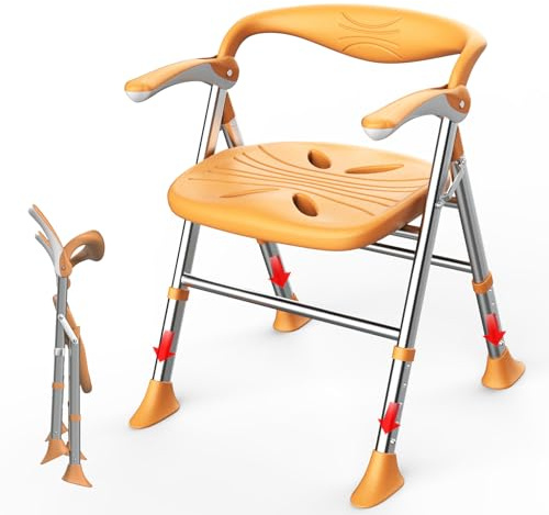 Chaise de Douche Pliante，Chaise Douche Personne âgée，Capacité de Charge Maximale 150 kg，Accoudoirs Rabattables，Tabouret de Douche Péglable en Hauteur sur 5 Niveaux (Orange, Sièges Plats)