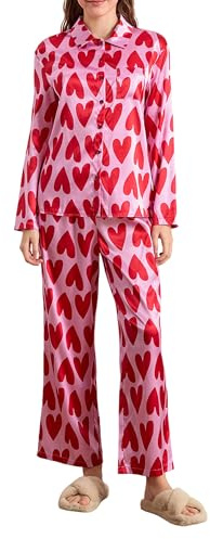 Kfsghdnz Women Heart Print Satin Pajama Set Long Sleeve Lapel Collar Button Down Shirt and Pants 2 Piece Valentine's Day Silk Sleepwear (Red A, M)