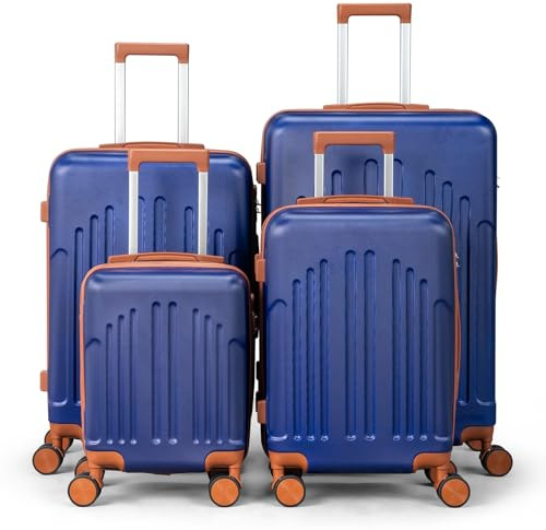 LEADZM Set di Valigie Rigide 4 Pezzi, Set Valigie in ABS, Luggage Suitcase Grande 23 kg con 4 Ruote Girevoli Doppie (Blu Navy-Marrone)