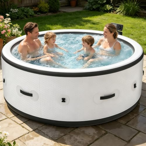 Spa Hidromasaje Portátil, Set de Spa de Masaje de Burbujas, Para 4-6 Personas, Redondo 206x71cm, Calentamiento Rápido 104°F, con 150 Chorros de Aire Relajantes para Patio Jardín y Exteriores
