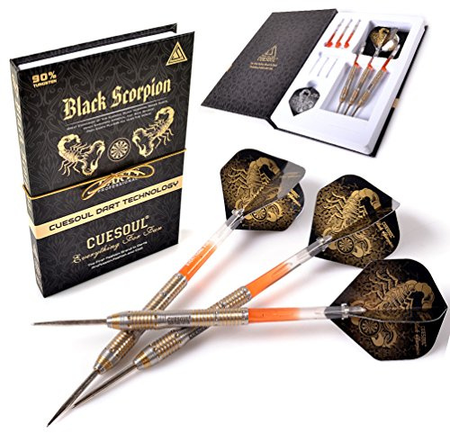 CUESOUL Black Scorpion 24g Tungsten Steel Tip Dart Set,Barrel with Golden Titanium Coated Finished