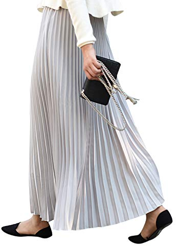 Camilife Damen Mädchen Plisseerock in Maxilänge Plissee-Maxirock Elastische Chiffon Langer Faltenrock Elastischer Bund für Frühling Sommer Herbst - 90cm Einfarbig Hellgrau