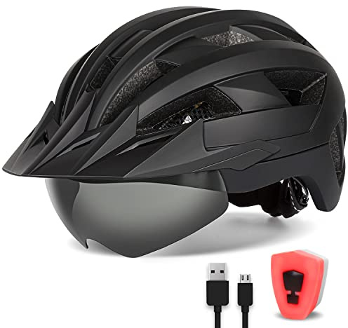 FUNWICT Adult Bike Helmet with Visor and Goggles for Men Women Mountain Road Bicycle Helmet Rechargeable Rear Light Cycling Helmet (L: 57-61 cm (22.4-24 inches), Black)