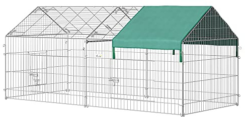 PawHut Jaula Recinto para Animales Pequeños 220x103x103 cm Jaula para Conejos Corral con 2 Puertas y Protección contra Solar para Conejo Gallinas Patos Exterior Jardín Patio Plata y Verde