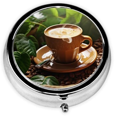 Pill Box 3 Compartment Travel Pill Organizer Portable Medicine Organizers Waterproof Coffee and Green Leaves Pill Case for Pocket or Purse