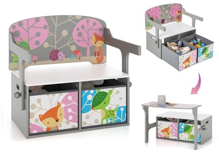 GYMAX Panchina Attività Convertibile per Bambini, Panca Giocattolo 3 in 1 con Braccioli Incorporati e 2 Cestini in Tessuto Rimovibili, Tavolo-Panca per Sale Giochi (Grigio e Bianco)