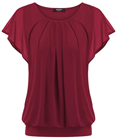 Zeagoo Womens Blouses Batwing Sleeves Mesh Ladies Tops Double-Layered Tunic Tops Loose Flowy Shirts Wine red L