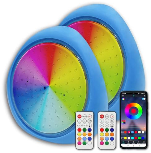 LED ATOMANT Pack 2x Luz piscina LED RGB 10W Impermeable IP68 Sumergible, Cable 8m, Con Adaptador Transformador Integrado con Mando a distancia control remoto y APP Bluetooth, Iluminación multicolor