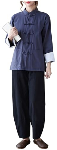 DAYKET Uniforme Tradizionale Tai Chi per Abbigliamento da Donna In Cotone a Maniche Lunghe per Set di Arti Marziali Kung Fu,Blue-L