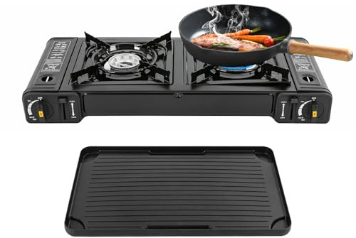 Levkitch Réchaud de camping avec plaque de cuisson et valise, Réchaud à gaz à 2 feux Cuisine Portable 2X Brûleurs En aluminium Pour pique-nique en plein air