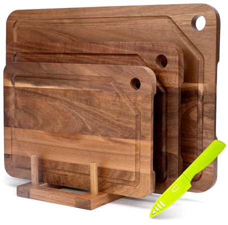 Set di 3 Taglieri in Legno di Acacia con Scanalatura per Succo, Supporto e Coltello da Frutta in Omaggio, Con Funzione di Appendere, Tagliere Doppio Lato per Carne, Verdure e Formaggio.