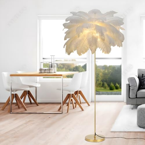 YYUTLUO Lampe À Plumes Moderne, Lampadaire En Plumes D'Autruche Naturelles, Hauteur 160cm, Poteau Et Base Dorés, 3 Températures De Couleur, Ampoules LED G4, Salon, Chambre D'Enfant, Bureau (Blanc)