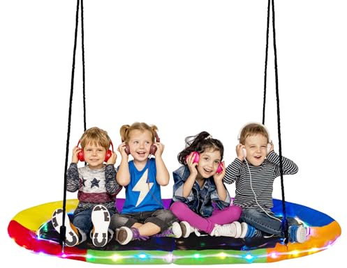 GOPLUS Nestschaukel Outdoor, 150 x 81 cm Kinderschaukel mit LED-Lichtern bis 150 kg Belastbar, Hängeschaukel 100-180 cm höhenverstellbar, Baumschaukel Rundschaukel für Kinder ab 3