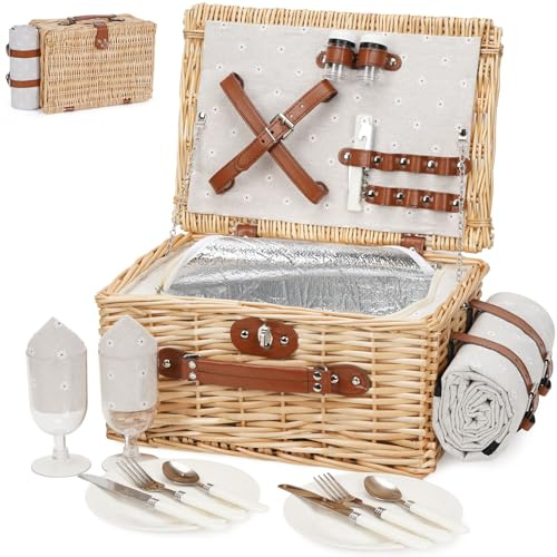 HEALSTOK Cesta de picnic para 2 personas – Cesta de mimbre vintage aislada con alfombrilla impermeable y juego de cubiertos para parejas, camping, cumpleaños o San Valentín (flores blancas)