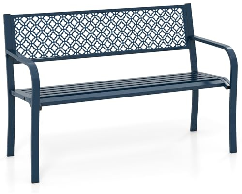 COSTWAY Panchina da Esterno 2-3 Posti, Panca in Metallo con Schienale Motivo Geometrico, Braccioli e Seduta a Doghe, Sedia Moderna per Parco, Cortile e Giardino (Blu, 127 x 59 x 82 cm)