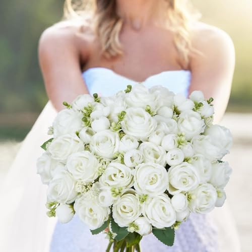 Siganorpy 4 Bunches Peony Artificial Flowers White Silk Peonies Bouquets for Wedding Party Table Centerpieces Floral Arrangement Home Kitchen Decor Wedding Party Bridal DIY Decor (White)