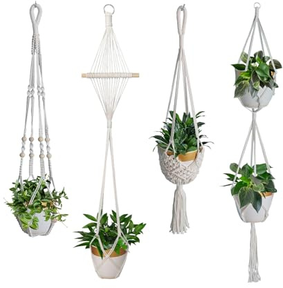 Myutrensty Set med 4 makramé, blomampel, boho-dekoration, bomullsrep, hängande ampel för växter, makramé, blomkruka, hängande för inomhus, utomhus, tak, balkong, väggdekoration