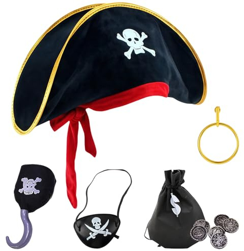 AYNKH 6 Pcs Pirate Costume Accessories Set for Kids Adults, Pirate Hat, Eye Patch, Captain Hook, Earring, Gold Coins for Halloween Costume Dress Up Fancy