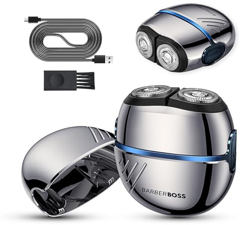 BarberBoss Men’s Rotary Shaver, Portable Face Razor, Carbon-Steel Blades, Dual-Floating Head, Travel Lock, Men’s Compact Beard & Face Shaver, Electric Shaver for Men, QR-2701