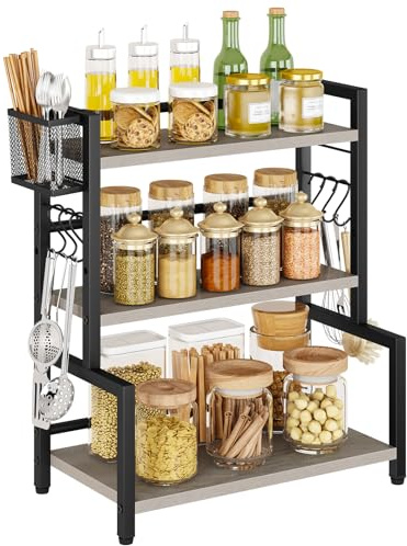 YMYNY Estante de especias de cocina con cesta de alambre, estante de encimera para armario, organizador de escritorio con 6 ganchos, estante de almacenamiento para especias, tarros, botellas de aceite