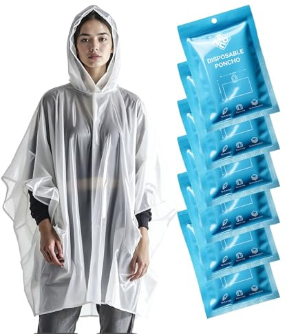 ZENO Rain Poncho Waterproof Adult - Festival Poncho - Waterproof, Disposable, Clear with Hood - Emergency Rain coat for Hiking, Cycling, Camping, Concert - Pack of 6