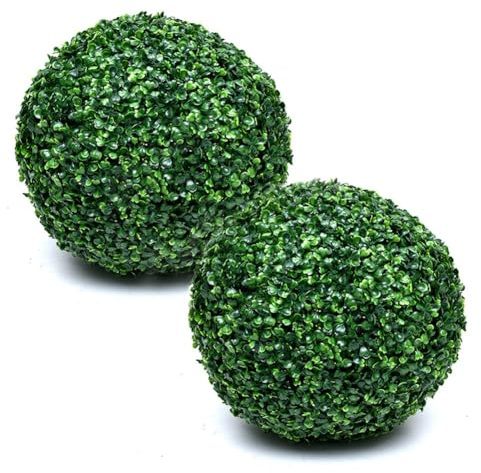 Lecreatekit Paquete de 2 bolas artificiales de boj de 28 cm, plantas topiarias artificiales para decoración colgante, esferas de plástico resistentes a la intemperie para decoración de jardín interior