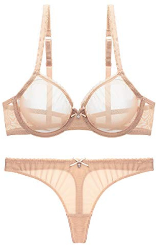 Varsbaby Women's See Through Sheer Mesh Unlined Underwire Everyday Bra and Panties(D303TS-Beige-34C+N082TS