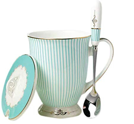 YBK Tech – Tasse à thé en porcelaine style européen avec couvercle pour petit déjeuner, cuisine, motif rayé, bleu