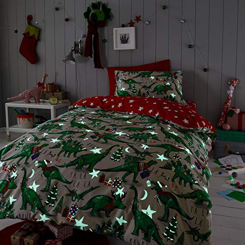 Happy Linen Company Girls Boys Kids Christmas Dinosaur Glow In The Dark Taupe Natural Single Reversible Duvet Cover Bedding Set