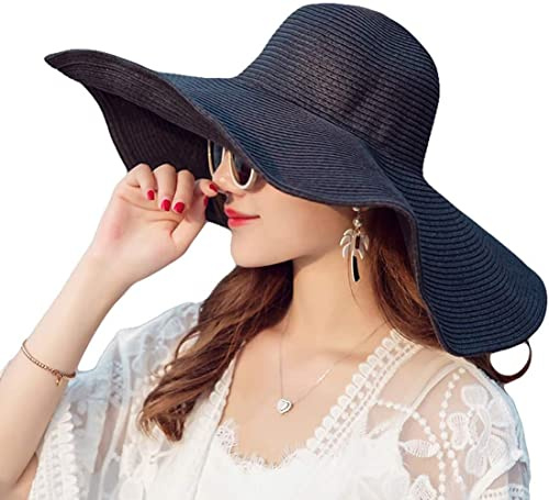 Bamboopack Chapeau de soleil à large bord pour femme - Chapeau de paille d'été - Protection UV - Pour la mer - Pour les vacances et les voyages - Noir - 56-58 cm