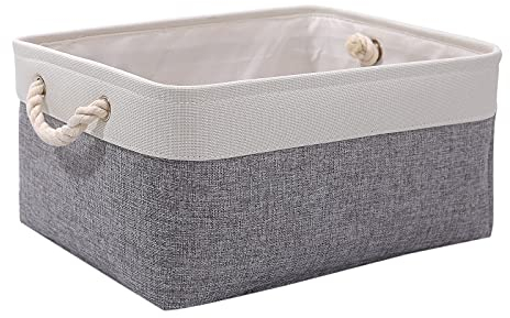 PWVMWM Small Storage Box with Handles, Foldable Wardrobe Baskets for Storage, Canvas Linen Storage Baskets for Clothes, Toys, Towels, Office Products (Grey and White, small)