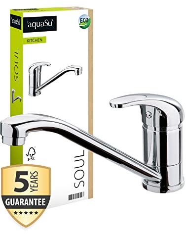 'aquaSu® Küchenarmatur Soul für Spüle, Spültischarmatur mit Wassersparmischdüse, Wasserhahn für die Küche, Einhebelmischer mit Keramikkartusche, Hochdruck-Armatur, Messing in chrom, 795845