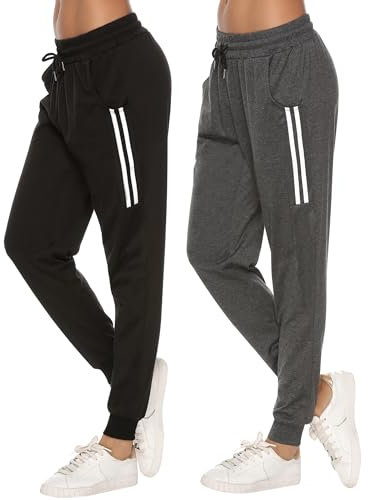Sykooria Damen Jogginghose Sporthose Lang Yoga Hosen Freizeithose Laufhosen Baumwolle High Waist Trainingshose für Frauen, 2pcs-Schwarz+Dunkelgrau, XXL
