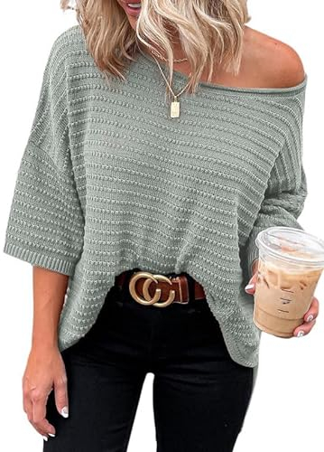 Cuptacc Oversize Shirt Damen 3/4 Ärmel Herbst Tunika Tops Mode Elegant Off Shoulder Kurz Oberteil Damen Grau Groß L 42-44