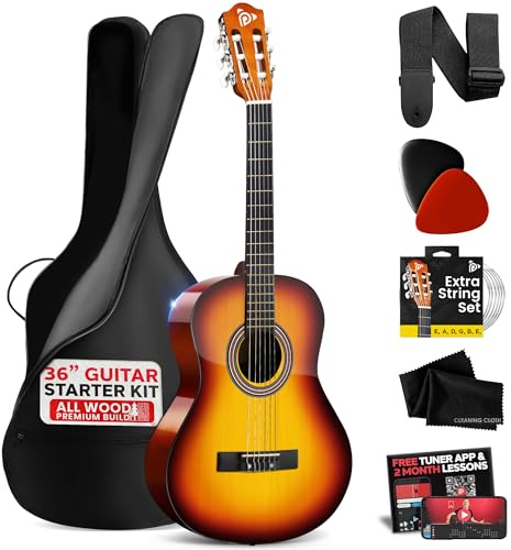 Pyle Akustik Gitarre, ¾ Junior Gitarre Set für Anfänger/Kinder, Brown Burst, Glänzend (36 Zoll/91cm) Klassische Gitarre Inklusiv Tasche, Plektrum, Gurt, Saiten Zubehör & Reinigungstuch