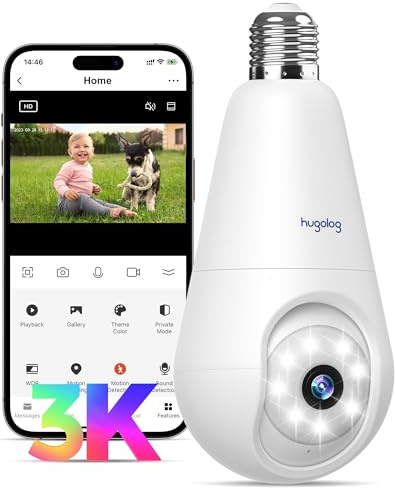 Hugolog 3K 5MP Light Bulb Security Cameras Wireless Outdoor-2.4GHz Cameras for Home Security Indoor with AI Sound Processing&Motion Detection,Color Night Vision,Auto Tracking,Siren Alarm,2-Way Talk
