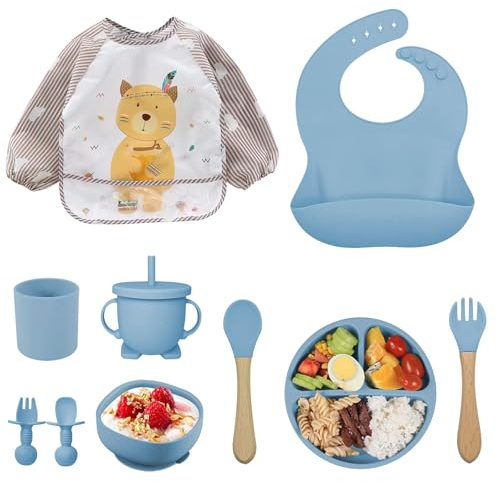 Vajilla de Bebé Silicona, 10 piezas Juegos de vajilla infantil, Cubiertos con plato ventosa, Plato Bebe Ventosa,Tenedor con mango de madera, bebe de silicona, Babero Set vajilla silicona bebe