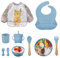 Vajilla de Bebé Silicona, 10 piezas Juegos de vajilla infantil, Cubiertos con plato ventosa, Plato Bebe Ventosa,Tenedor con mango de madera, bebe de silicona, Babero Set vajilla silicona bebe