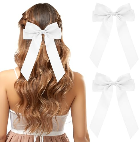 Molain 2Pcs Silky Satin Hair Bows - Ponytail Holders & Barrettes for Women & Girls - Large Ribbons - White