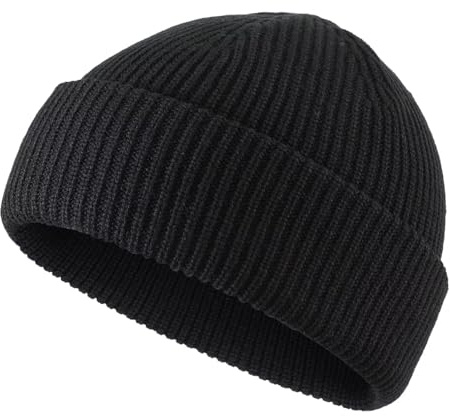 Connectyle Short Fisherman Beanie for Men Women Warm Acrylic Knit Winter Hats Cuffed Trawler Beanies Black