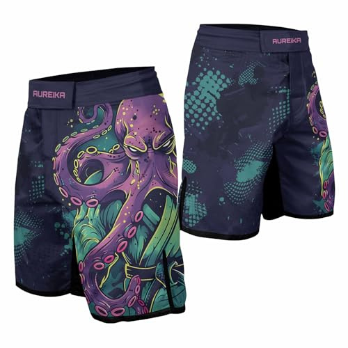 AUREIKA Octopus Men’s No-Gi Fight Shorts – MMA BJJ Jiu Jitsu Training Trunks for Grappling & Combat Sports (US, Alpha, Medium, Regular, Regular, V1)