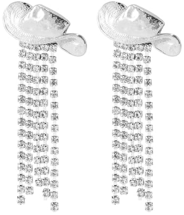 2pcs Western Cowgirl Hat Earrings, Alloy Stylish Silver Western Cowboy Cowgirl Hat Rhinestone Dangle Tassel Earrings Small Jewelry Accessories for Women Friends Wife Gift