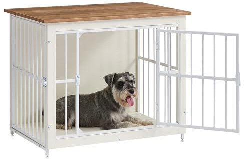 Feandrea Hundbursmöbel, Hundbur, modern hundkoja inomhus, stängd botten, Hundhus 2 dörrar, M, hundar upp till 20 kg, Tax, Shih Tzu, Dvärgschnauzer, molnvit-honungsbrun PFC022KB01