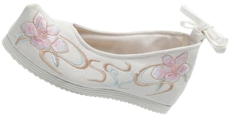 ifundom Scarpe in Stile Antico Ricamate da Donna in Cotone e Tela Morbida, Scarpe Tradizionali Cinesi per Spettacoli e Ballo, Design Suola Spessa e Punta Rialzata, Colore Bianco, Taglia 36
