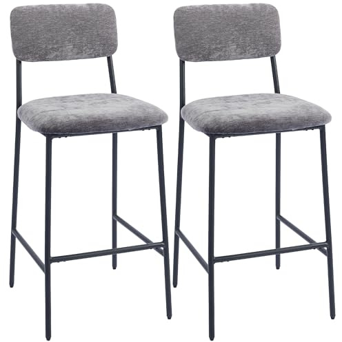 HOMCOM Barhocker 2er Set Barstuhl, Tresenhocker mit Fußstütze, Rückenlehne Gepolstert Bistrohocker mit Stahlgestell, Chenille-Optik 72,5 cm Sitzhöhe für Küche, Hausbar Grau