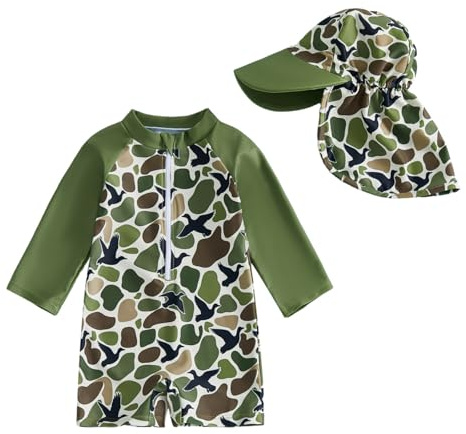 Fnaobai Baby pojkar baddräkt med solhatt långärmad baby småbarn baddräkt baby baddräkt i ett stycke, Grön, 3-6 månader