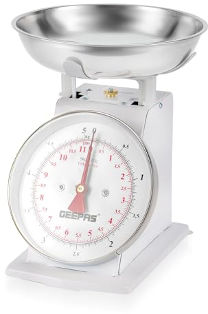 Geepas Mechanical Kitchen Scale | Analogue, Easy to Read, 5kg Capacity | Durable Iron Body, Stainless Steel Large Weighing Bowl | Analogue Food Scale, Classic Design, Easy Read Large Dial, White