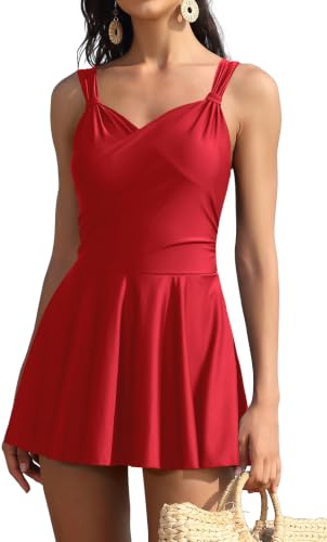SHEKINI Maillot De Bain Une Pièce pour Femmes Robe De Bain Croisée à Col en V avec Maillot De Bain à Pli Ventre（XL，Rouge）
