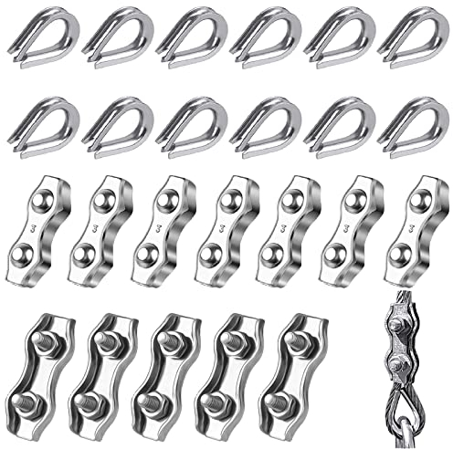 Weploda 24 Stück M3 Seilklemme, Drahtseilklemme 3mm, Seilklemme Edelstahl, Zur Markisenbefestigung Aus Drahtseil (12*Kausche, 12*Duplexclip)