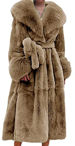Kuteng Cappotti Invernali da Donna con Collo in Pelliccia, Cappotto in Pelliccia Sintetica da Donna Cappotto Lungo Capispalla Caldo, Capispalla Larghi e Casual da Donna,Cachi,5XL
